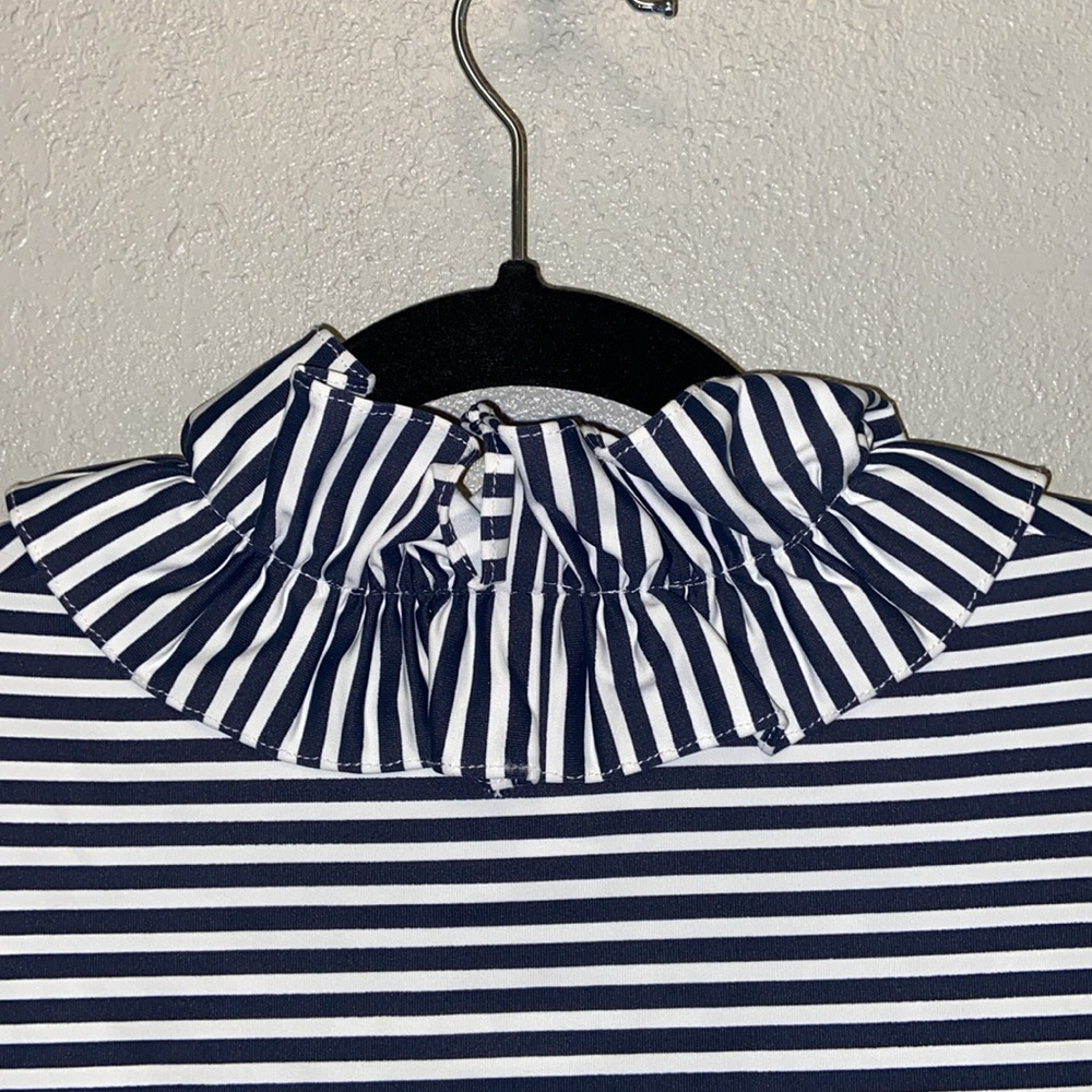 Sailor Sailor Skipper Black White Striped Sleeveless Ruffled Collar Shift Dress - Picture 5 of 7
